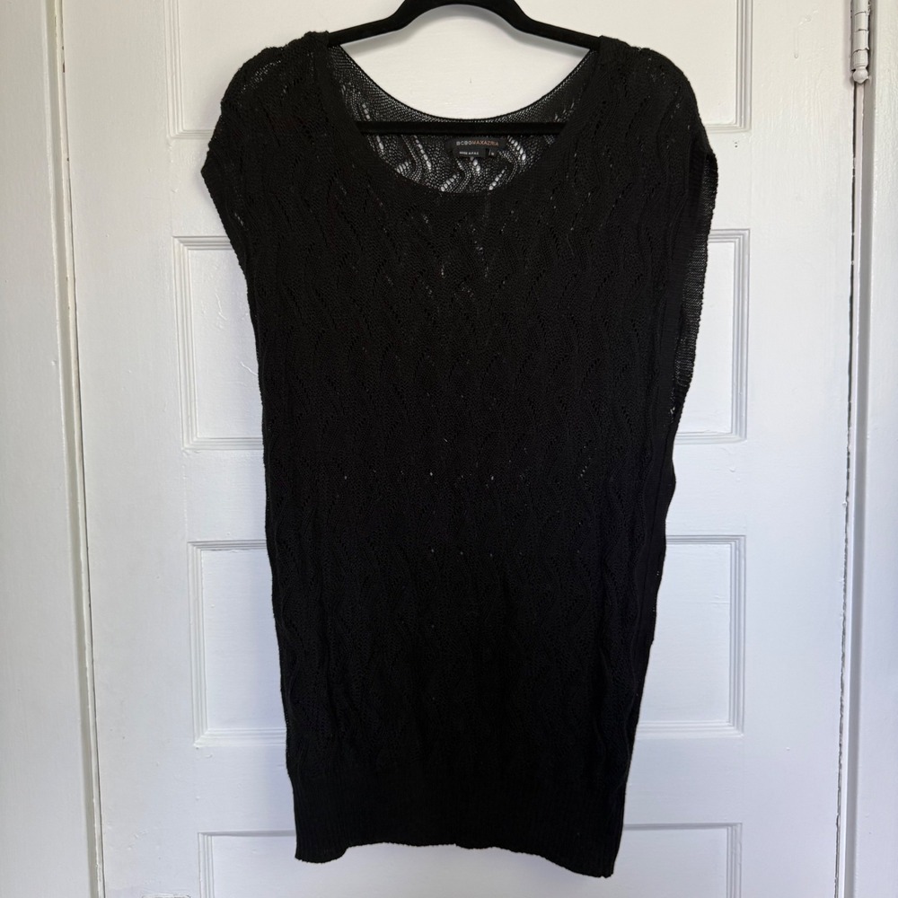 BCBGMAXAZRIA Black Pointelle Sleeveless Top Scoop Neck Open Knit Tunic Sz Medium